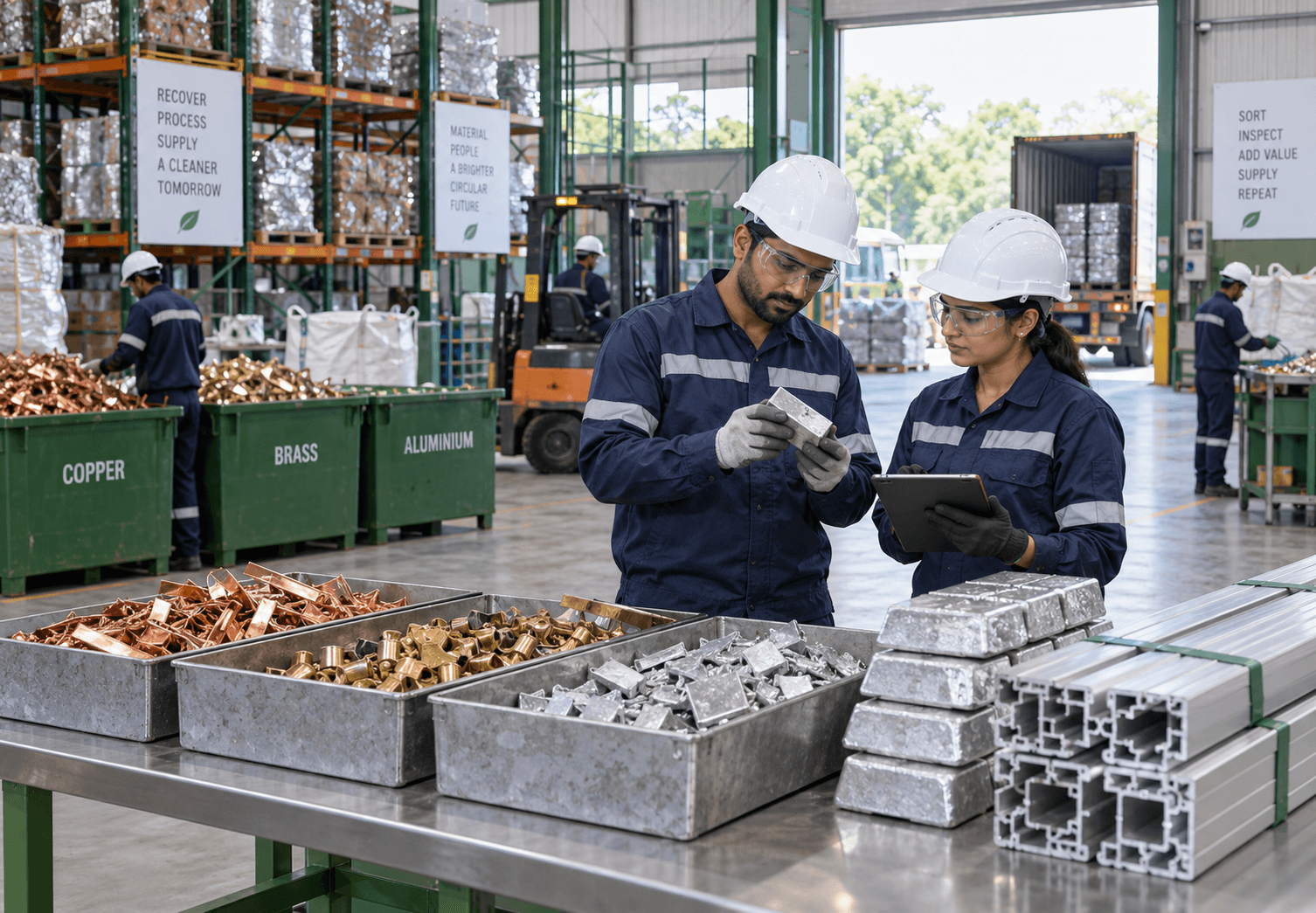 Two team members assessing recovered metals in a material processing facility