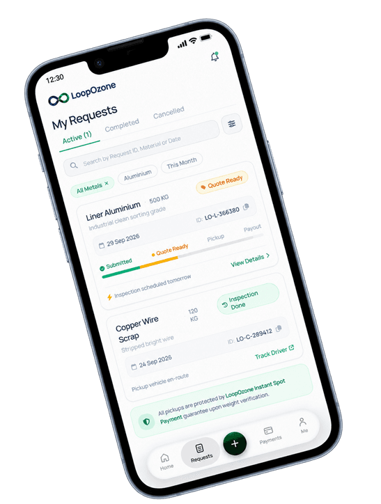 loopX app showing material requests and their current status
